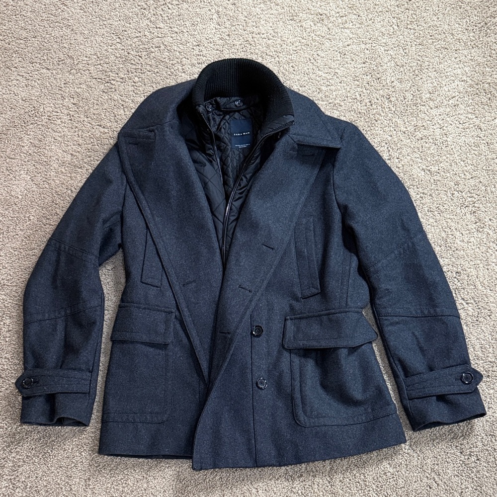Zara Man | Men's Dark Gray Wool Blend Peacoat with Quilted Liner | Size XXL